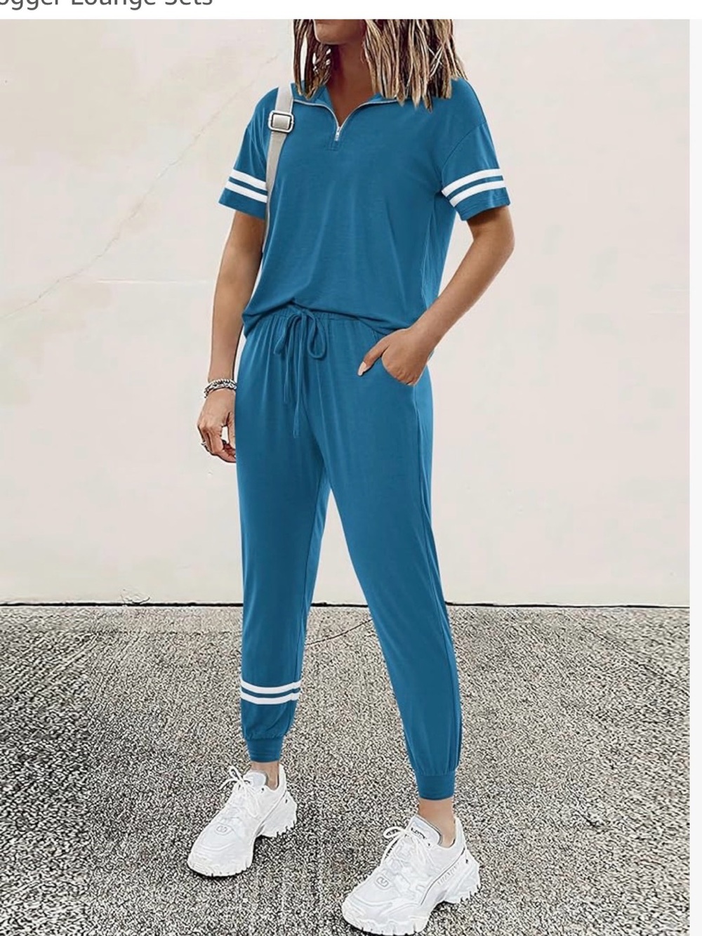 Casual Blue Women's Jogger Jumpsuit with Stripe Detail